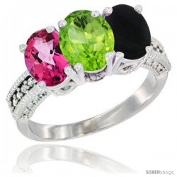 10K White Gold Natural Pink Topaz, Peridot & Black Onyx Ring 3-Stone Oval 7x5 mm Diamond Accent