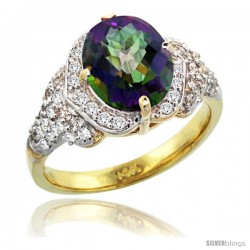 14k Gold Natural Mystic Topaz Ring 10x8 mm Oval Shape Diamond Halo, 1/2 in wide