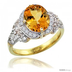 14k Gold Natural Citrine Ring 10x8 mm Oval Shape Diamond Halo, 1/2 in wide