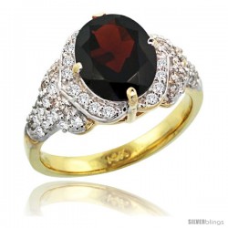 14k Gold Natural Garnet Ring 10x8 mm Oval Shape Diamond Halo, 1/2 in wide