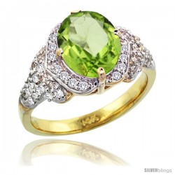 14k Gold Natural Peridot Ring 10x8 mm Oval Shape Diamond Halo, 1/2 in wide