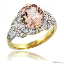 14k Gold Natural Morganite Ring 10x8 mm Oval Shape Diamond Halo, 1/2 in wide