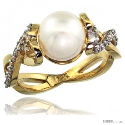 14k Gold Heart-shaped Loop Pearl Ring w/ 0.32 Carat Brilliant Cut ( H-I Color VS2-SI1 Clarity ) Diamonds & 9mm White Pearl