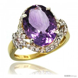 14k Gold Natural Amethyst Ring Oval 14x10 Diamond Halo, 3/4 in wide