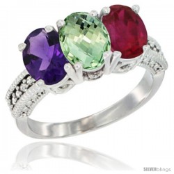 14K White Gold Natural Amethyst, Green Amethyst & Ruby Ring 3-Stone 7x5 mm Oval Diamond Accent