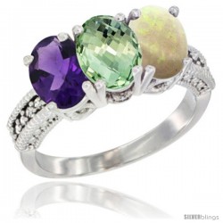 14K White Gold Natural Amethyst, Green Amethyst & Opal Ring 3-Stone 7x5 mm Oval Diamond Accent