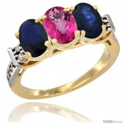 10K Yellow Gold Natural Pink Topaz & Blue Sapphire Sides Ring 3-Stone Oval 7x5 mm Diamond Accent