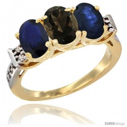 10K Yellow Gold Natural Smoky Topaz & Blue Sapphire Sides Ring 3-Stone Oval 7x5 mm Diamond Accent