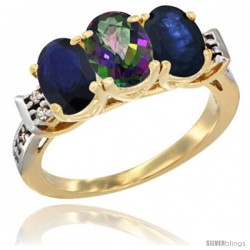 10K Yellow Gold Natural Mystic Topaz & Blue Sapphire Sides Ring 3-Stone Oval 7x5 mm Diamond Accent