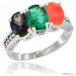 14K White Gold Natural Mystic Topaz, Emerald & Coral Ring 3-Stone 7x5 mm Oval Diamond Accent