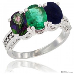 14K White Gold Natural Mystic Topaz, Emerald & Lapis Ring 3-Stone 7x5 mm Oval Diamond Accent