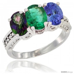 14K White Gold Natural Mystic Topaz, Emerald & Tanzanite Ring 3-Stone 7x5 mm Oval Diamond Accent