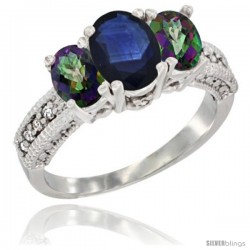 14k White Gold Ladies Oval Natural Blue Sapphire 3-Stone Ring with Mystic Topaz Sides Diamond Accent