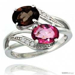 14k White Gold ( 8x6 mm ) Double Stone Engagement Pink & Smoky Topaz Ring w/ 0.07 Carat Brilliant Cut Diamonds & 2.34 Carats