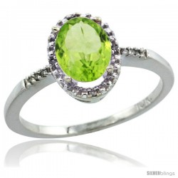 10k White Gold Diamond Peridot Ring 1.17 ct Oval Stone 8x6 mm, 3/8 in wide