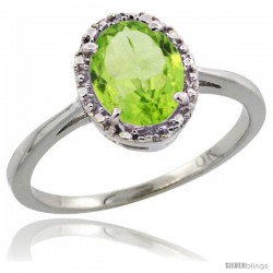 10k White Gold Diamond Halo Peridot Ring 1.2 ct Oval Stone 8x6 mm, 1/2 in wide