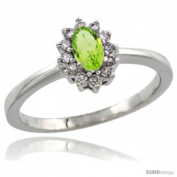 10k White Gold Diamond Halo Peridot Ring 0.25 ct Oval Stone 5x3 mm, 5/16 in wide