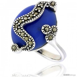 Sterling Silver Oxidized Ring, w/ 17 x 14 Oval-shaped Blue Resin, 7/8" (22 mm) wide