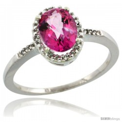 10k White Gold Diamond Pink Topaz Ring 1.17 ct Oval Stone 8x6 mm, 3/8 in wide