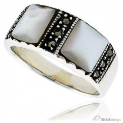 Sterling Silver Oxidized Ring, w/ Two 7mm Square-shaped Mother of Pearls, 5/16 (8 mm) wide