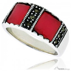 Sterling Silver Oxidized Ring, w/ Two 7mm Square-shaped Red Resin, 5/16 (8 mm) wide