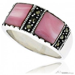 Sterling Silver Oxidized Ring, w/ Two 7mm Square-shaped Pink Mother of Pearls, 5/16 (8 mm) wide
