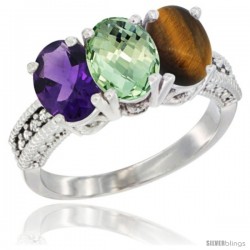 14K White Gold Natural Amethyst, Green Amethyst & Tiger Eye Ring 3-Stone 7x5 mm Oval Diamond Accent