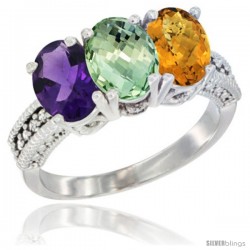 14K White Gold Natural Amethyst, Green Amethyst & Whisky Quartz Ring 3-Stone 7x5 mm Oval Diamond Accent