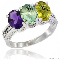 14K White Gold Natural Amethyst, Green Amethyst & Lemon Quartz Ring 3-Stone 7x5 mm Oval Diamond Accent