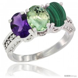 14K White Gold Natural Amethyst, Green Amethyst & Malachite Ring 3-Stone 7x5 mm Oval Diamond Accent