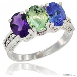 14K White Gold Natural Amethyst, Green Amethyst & Tanzanite Ring 3-Stone 7x5 mm Oval Diamond Accent