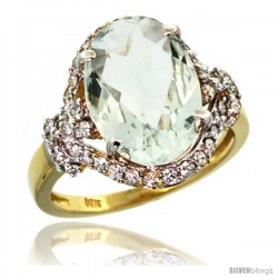 14k Gold Natural Green Amethyst Ring Oval 14x10 Diamond Halo, 3/4 in wide