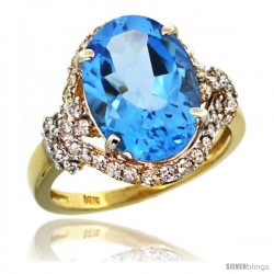 14k Gold Natural Swiss Blue Topaz Ring Oval 14x10 Diamond Halo, 3/4 in wide