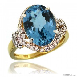 14k Gold Natural London Blue Topaz Ring Oval 14x10 Diamond Halo, 3/4 in wide