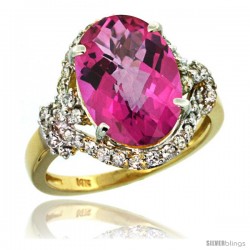 14k Gold Natural Pink Topaz Ring Oval 14x10 Diamond Halo, 3/4 in wide