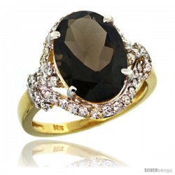 14k Gold Natural Smoky Topaz Ring Oval 14x10 Diamond Halo, 3/4 in wide