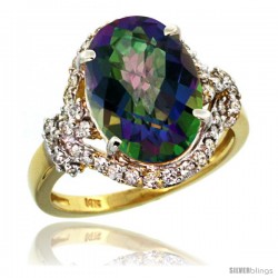 14k Gold Natural Mystic Topaz Ring Oval 14x10 Diamond Halo, 3/4 in wide