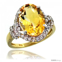 14k Gold Natural Citrine Ring Oval 14x10 Diamond Halo, 3/4 in wide