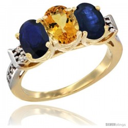 10K Yellow Gold Natural Citrine & Blue Sapphire Sides Ring 3-Stone Oval 7x5 mm Diamond Accent