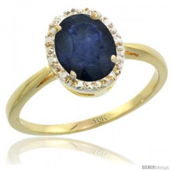 10k Yellow Gold Blue Sapphire Diamond Halo Ring 1.17 Carat 8X6 mm Oval Shape, 1/2 in wide