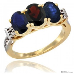 10K Yellow Gold Natural Garnet & Blue Sapphire Sides Ring 3-Stone Oval 7x5 mm Diamond Accent