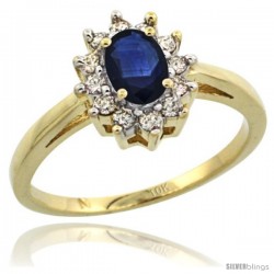 10k Yellow Gold Blue Sapphire Diamond Halo Ring Oval Shape 1.2 Carat 6X4 mm, 1/2 in wide