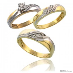 Gold Plated Sterling Silver Diamond Trio Wedding Ring Set His 6mm & Hers 4.5mm