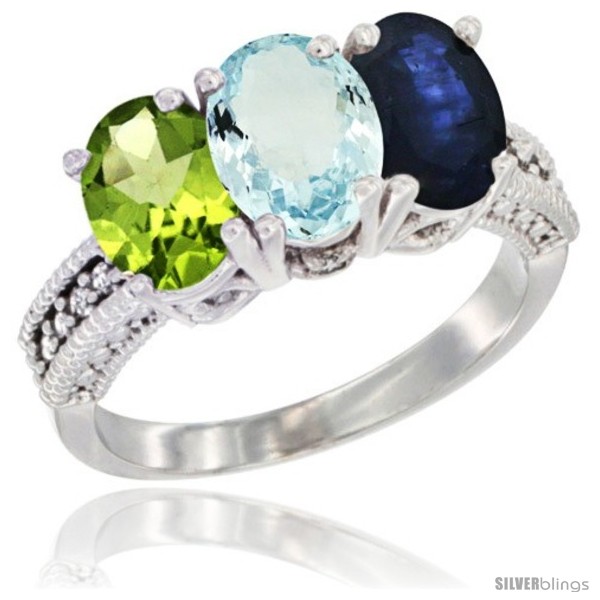 10K White Gold Natural Peridot, Aquamarine & Blue Sapphire Ring 3Stone Oval 7x5 mm Diamond