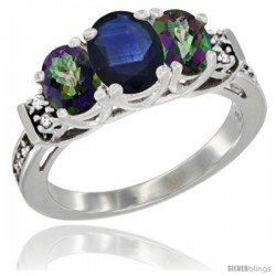 14K White Gold Natural Blue Sapphire & Mystic Topaz Ring 3-Stone Oval with Diamond Accent