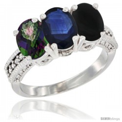 14K White Gold Natural Mystic Topaz, Blue Sapphire & Black Onyx Ring 3-Stone 7x5 mm Oval Diamond Accent