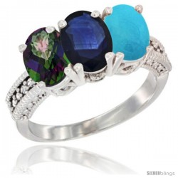 14K White Gold Natural Mystic Topaz, Blue Sapphire & Turquoise Ring 3-Stone 7x5 mm Oval Diamond Accent