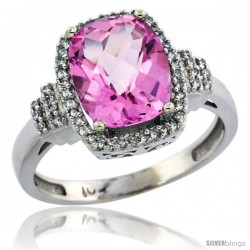 10k White Gold Diamond Halo Pink Topaz Ring 2.4 ct Cushion Cut 9x7 mm, 1/2 in wide