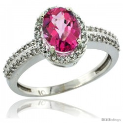 10k White Gold Diamond Halo Pink Topaz Ring 1.2 ct Oval Stone 8x6 mm, 3/8 in wide