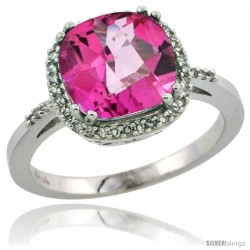 10k White Gold Diamond Pink Topaz Ring 3.05 ct Cushion Cut 9x9 mm, 1/2 in wide